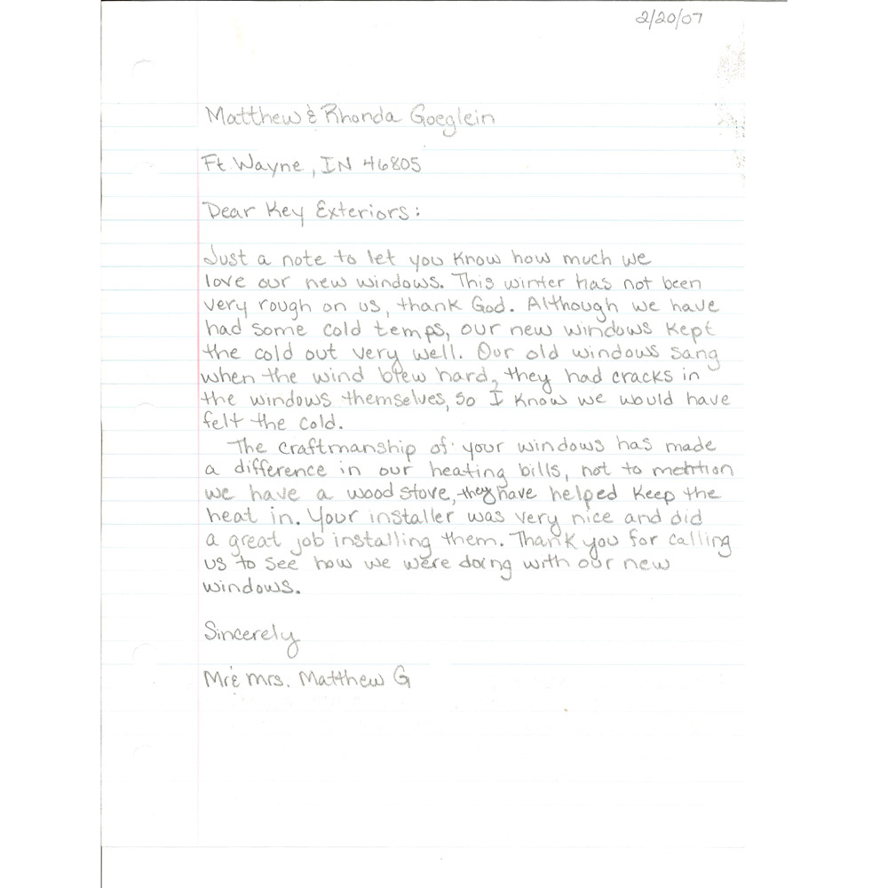 Letter from Mr. and Mrs. Matthew G.